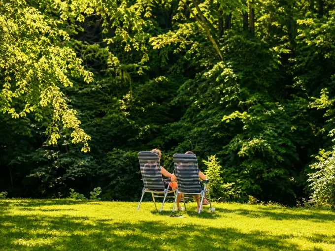 Deux chaises longues à l'ombre sur un emplacement en pelouse