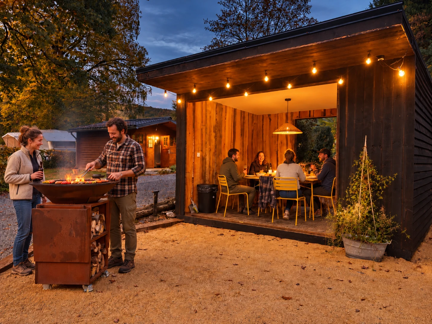Barbecue plancha et cuisine extérieure éclairée en soirée